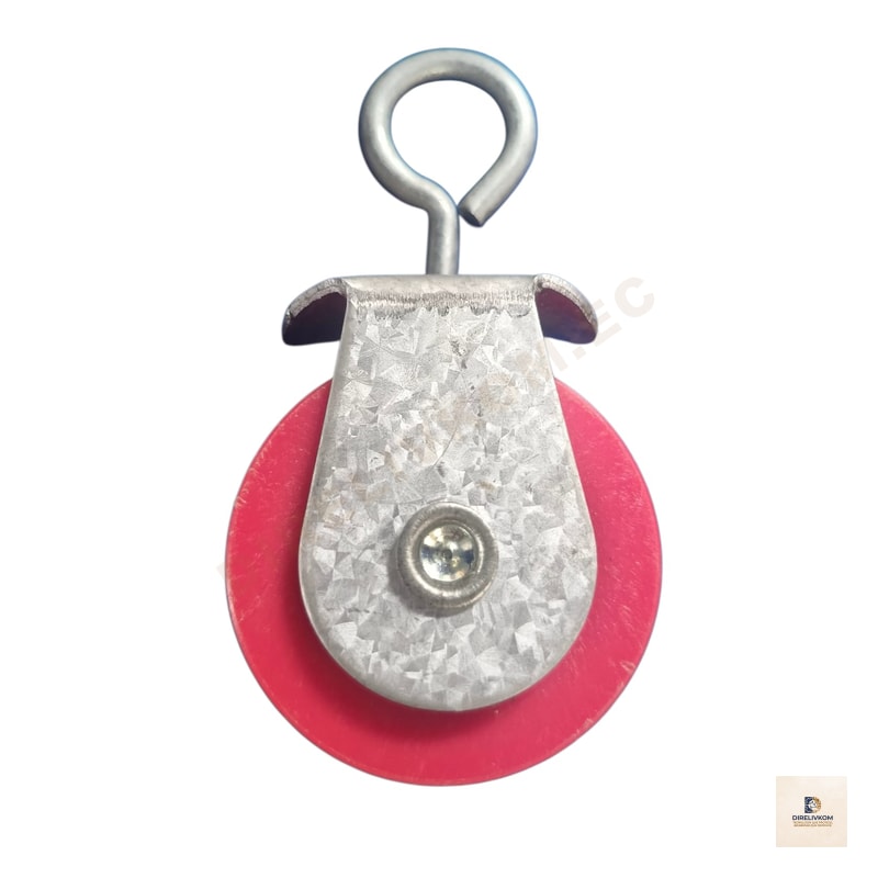 Polea metálica de 45mm-cuerpo plástico rojo-gancho metálico.